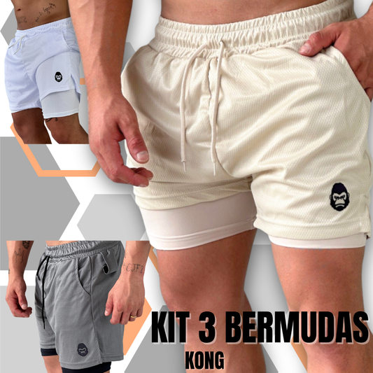 Kit 2 Bermudas Masculinas 2 em 1 KONG Premium Com Forro de Compressão e Suporte para Toalha