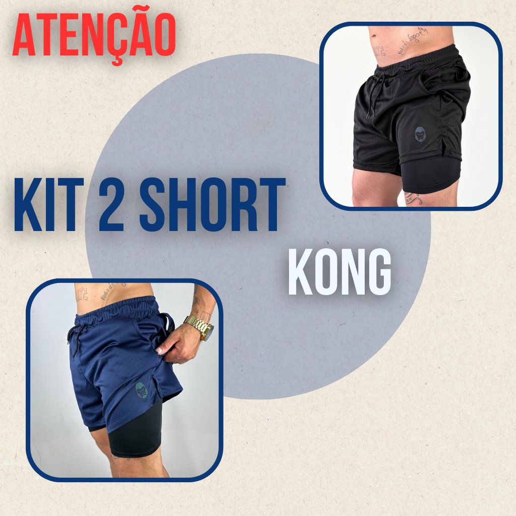 Kit 2 Bermudas Masculinas 2 em 1 KONG Premium Com Forro de Compressão e Suporte para Toalha