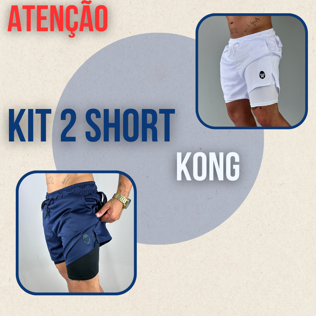 Kit 2 Bermudas Masculinas 2 em 1 KONG Premium Com Forro de Compressão e Suporte para Toalha