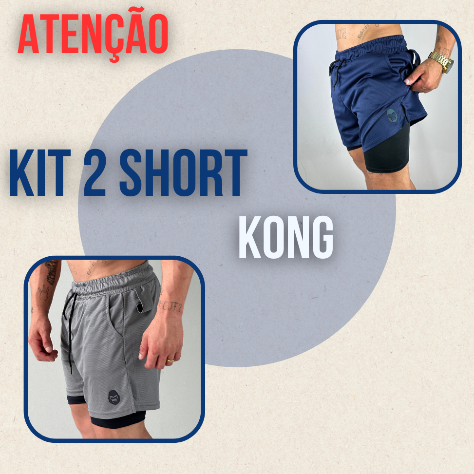 Kit 2 Bermudas Masculinas 2 em 1 KONG Premium Com Forro de Compressão e Suporte para Toalha