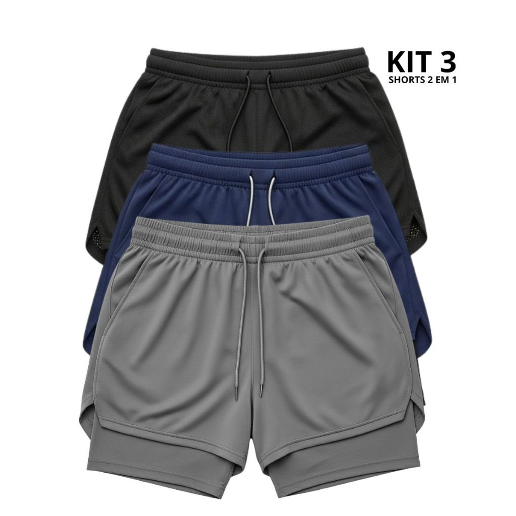 Kit 3 Shorts Masculinos 2 em 1 Também com Bolso Celular/Carteira, Boa sensação ao treinar