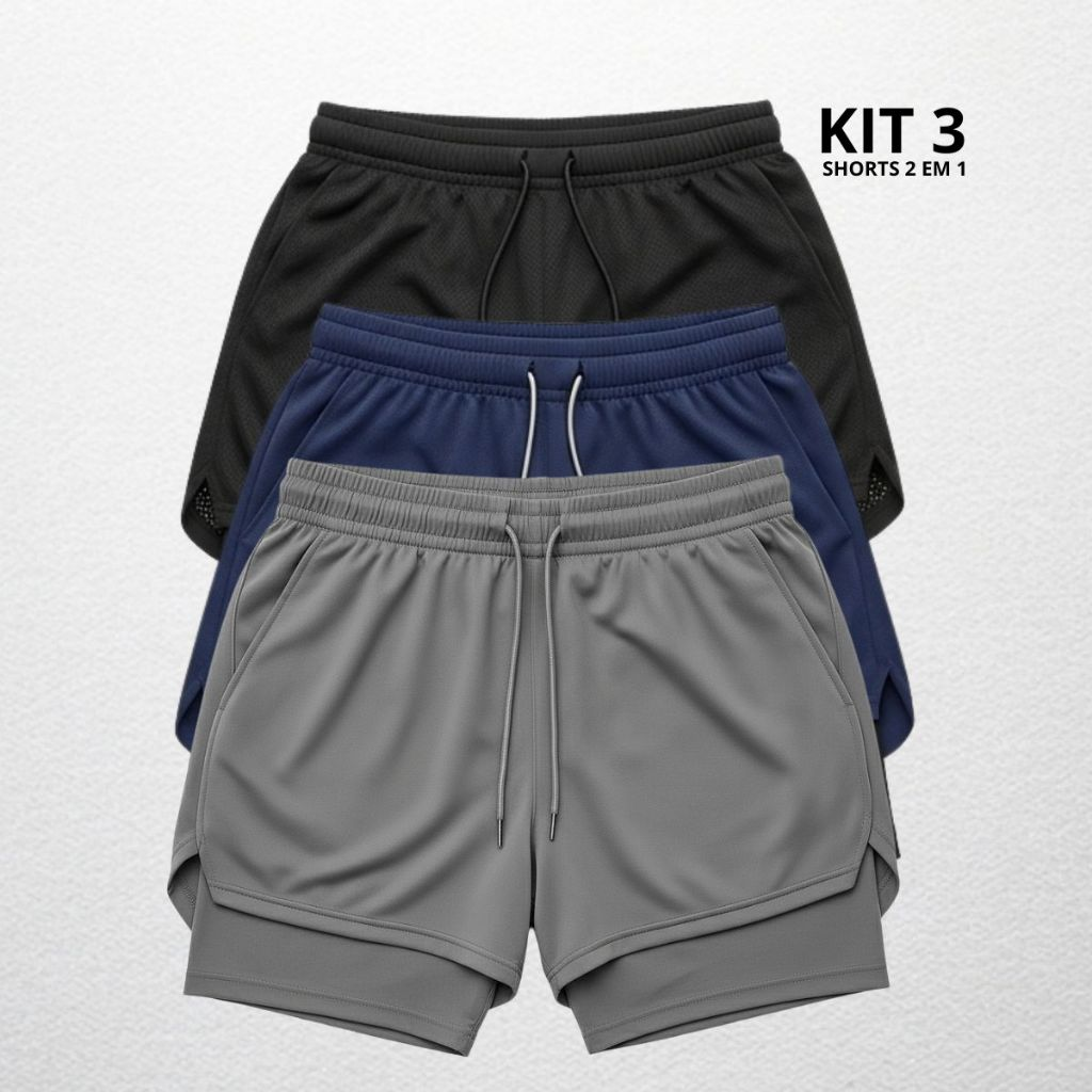 Kit 3 Shorts Masculinos 2 em 1 Também com Bolso Celular/Carteira, Boa sensação ao treinar
