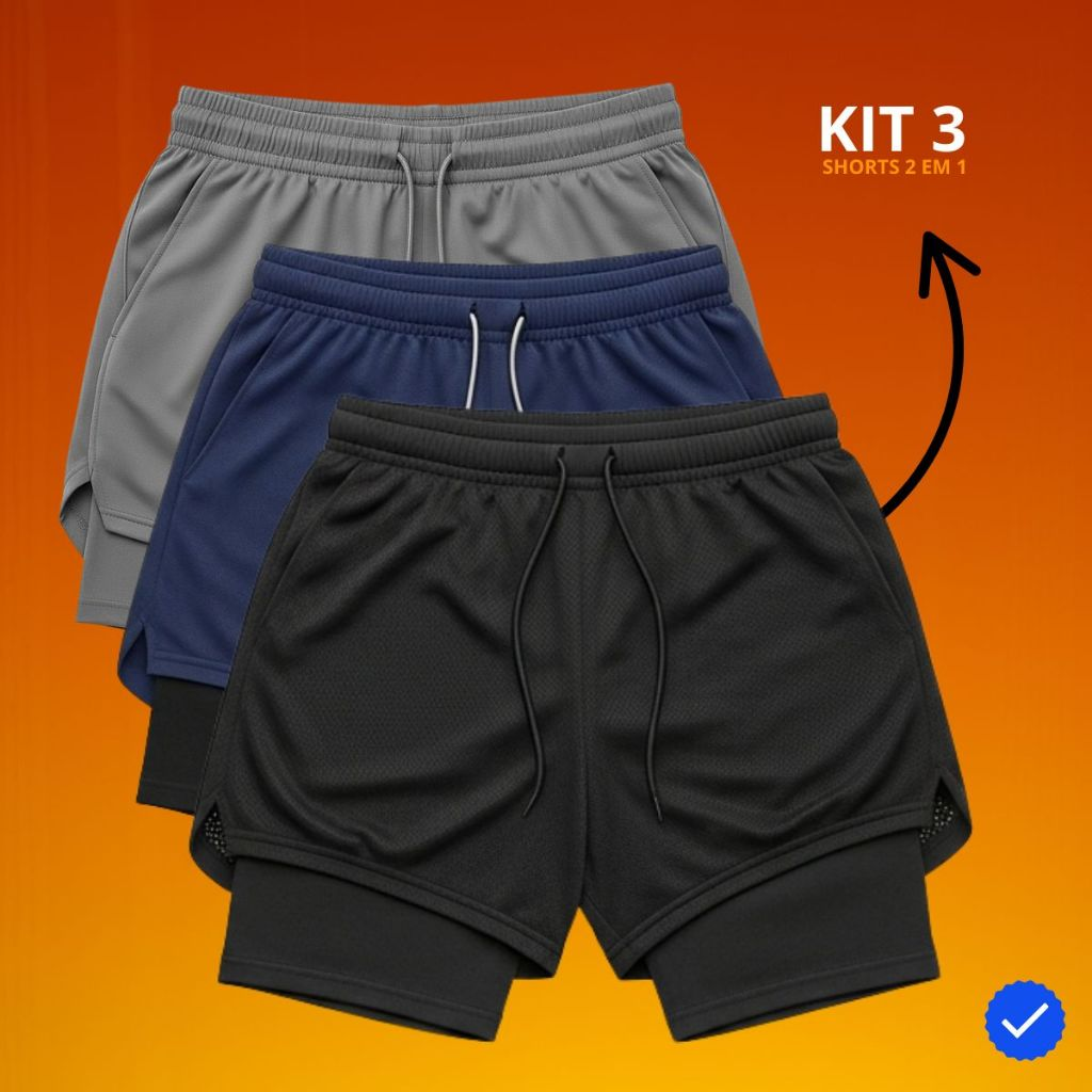 Kit 3 Shorts Masculinos 2 em 1 Também com Bolso Celular/Carteira, Boa sensação ao treinar