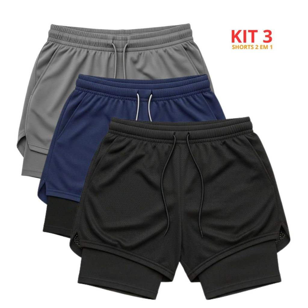 Kit 3 Shorts Masculinos 2 em 1 Também com Bolso Celular/Carteira, Boa sensação ao treinar