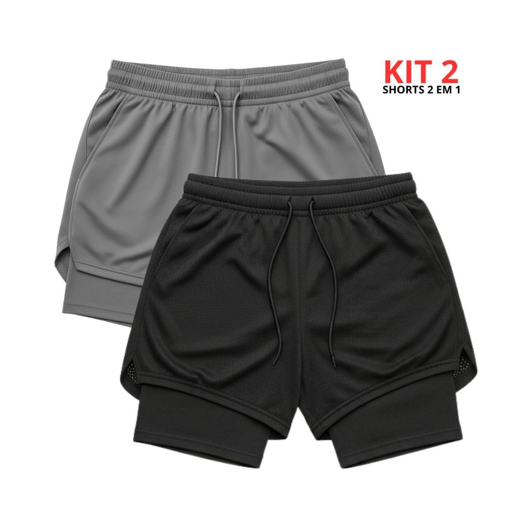 Kit 3 Shorts Masculinos 2 em 1 Também com Bolso Celular/Carteira, Boa sensação ao treinar