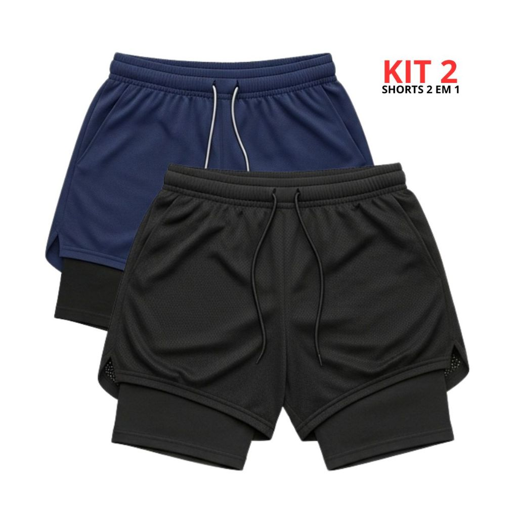 Kit 3 Shorts Masculinos 2 em 1 Também com Bolso Celular/Carteira, Boa sensação ao treinar