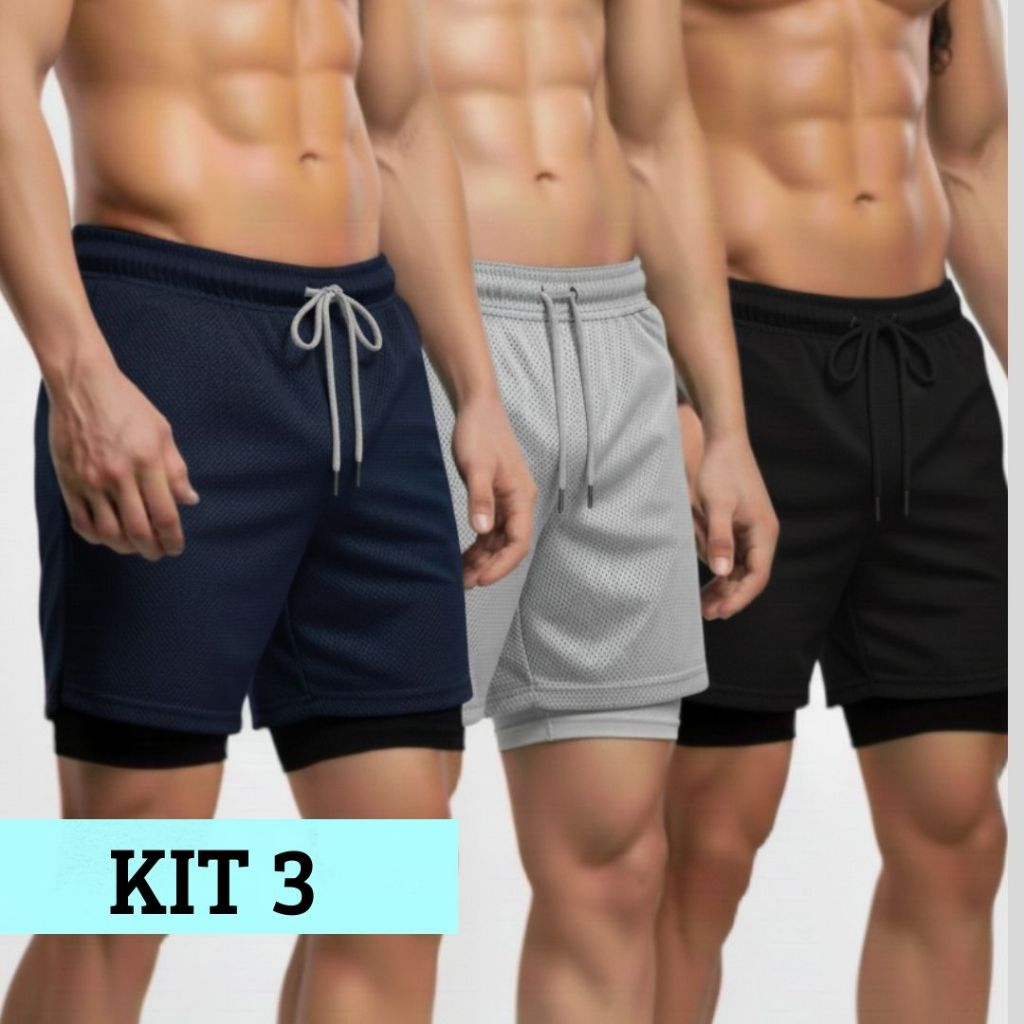 Kit 3 Shorts Masculinos 2 em 1 Também com Bolso Celular/Carteira, Boa sensação ao treinar