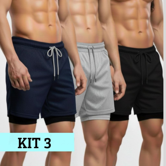 Kit 3 Shorts Masculinos 2 em 1 Também com Bolso Celular/Carteira, Boa sensação ao treinar