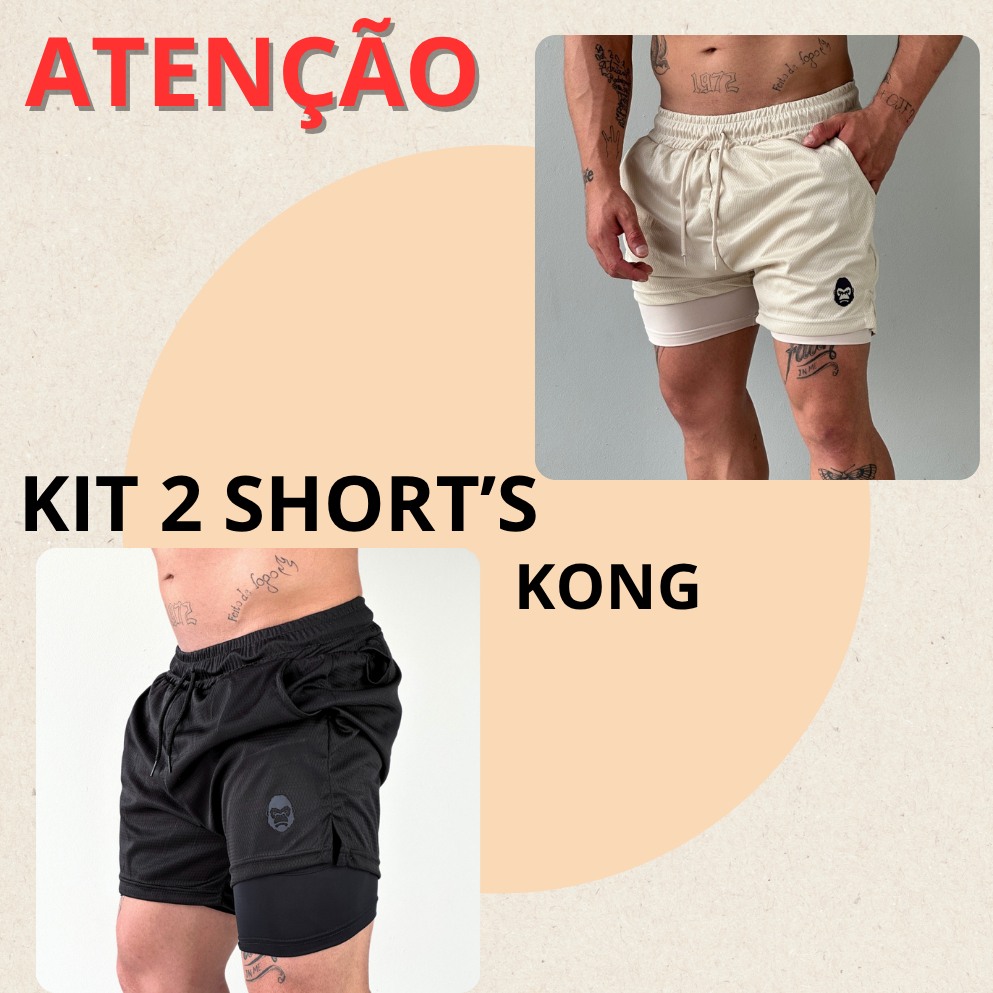 Kit 2 Bermudas Masculinas 2 em 1 KONG Premium Com Forro de Compressão e Suporte para Toalha