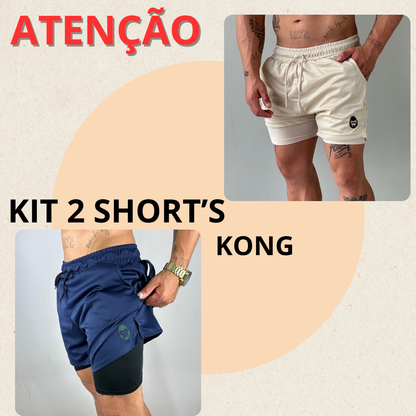 Kit 2 Bermudas Masculinas 2 em 1 KONG Premium Com Forro de Compressão e Suporte para Toalha