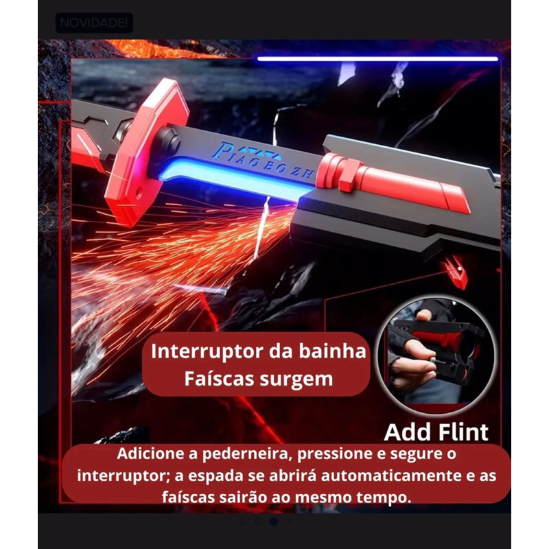 Espada de Samurai Brinquedo Realista Alta Qualidade Katana Led Efeito Fumaça e Faísca 0,80 Centímetros